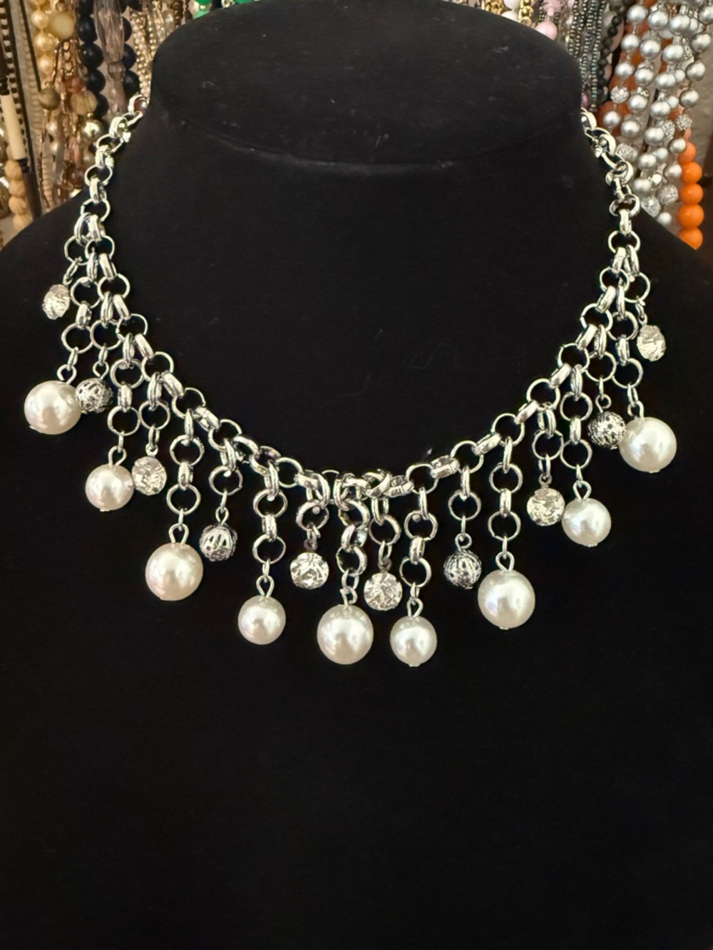 Silver Tone Pearl Drop Statement Necklace